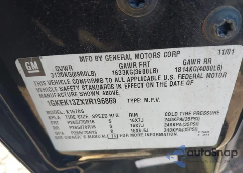 2002 GMC Yukon Slt from USA, damaged, VIN 1GKEK13ZX2R196869